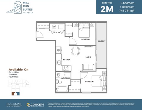 A floor plan for a 2 bedroom, 1 bathroom apartment is shown.